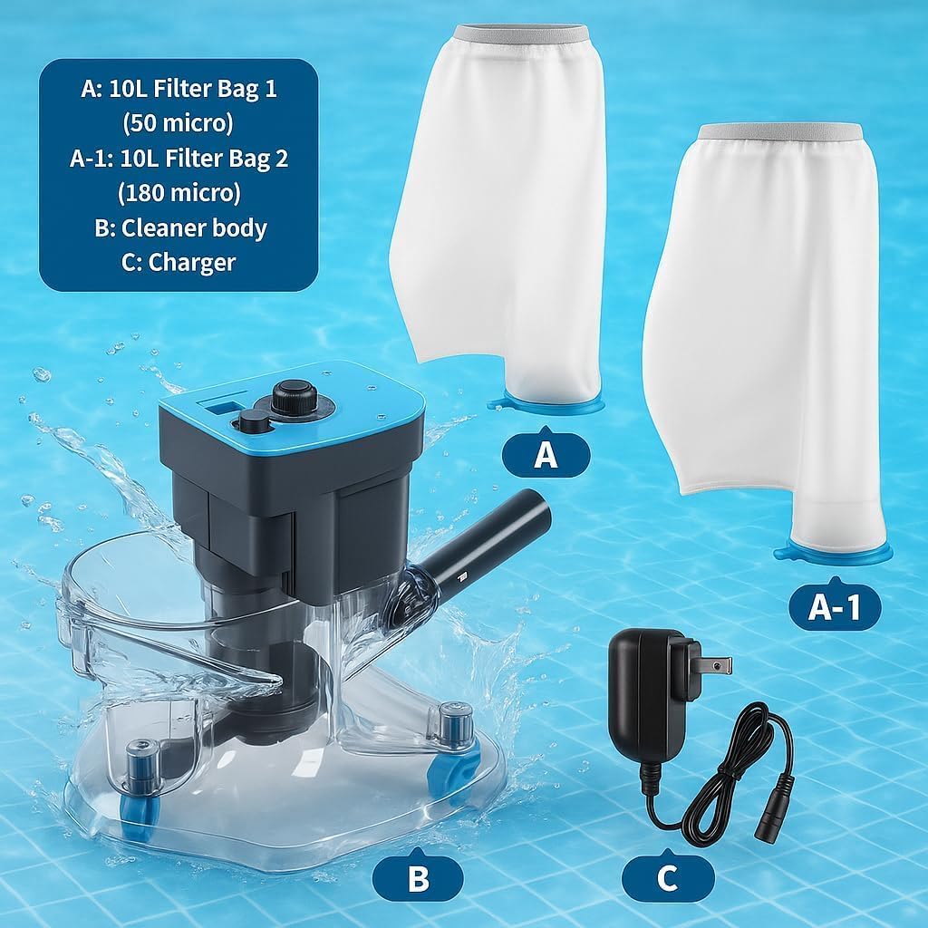 Cordless Pool Leaf Vacuum Cleaner with Dual Filter Bags for Above Ground & Inground Pools – Heavy Duty Swimming Pool Vacuum, 24GPM Strong Suction for Easy Leaf & Debris Removal